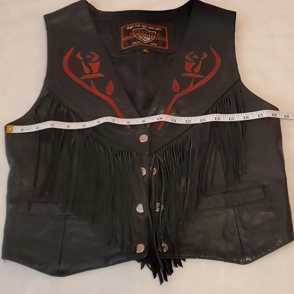 Interstate Leather M Vintage Black Authentic Leather Red Rose Fringe Vest - Picture 7 of 8